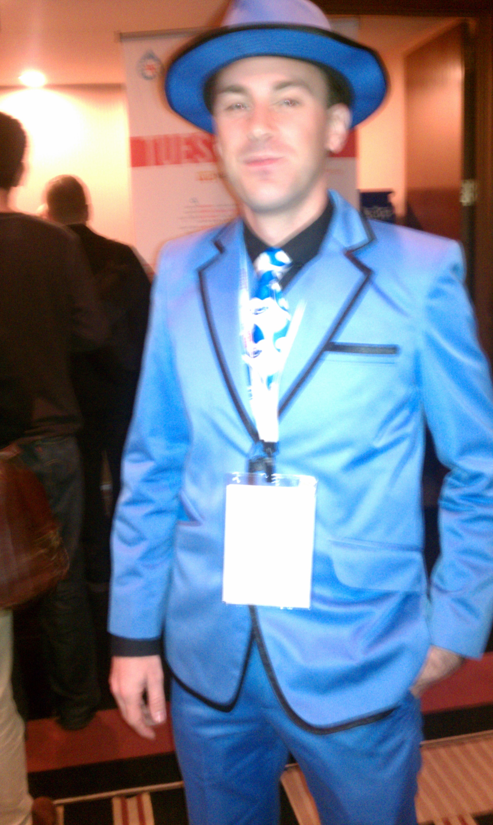 Drupal man (blue drupal suit) at drupal con chicago