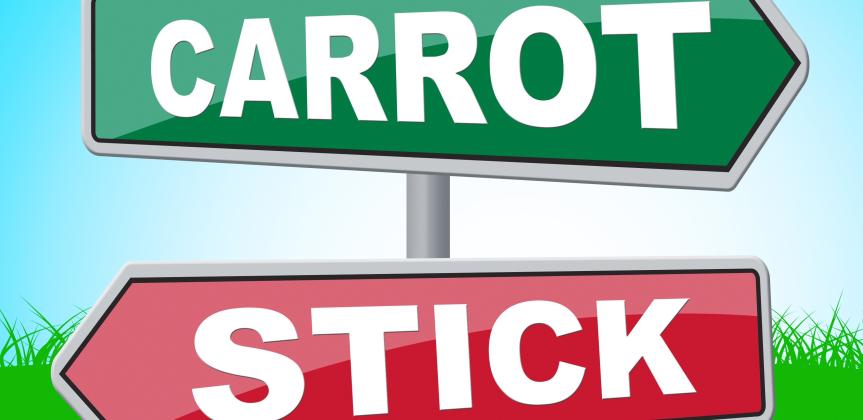 Two directional signs: one that reads "carrot" another that reads: "stick."
