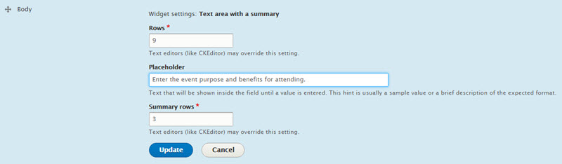 Configuration options for Body field on the Manage form display 