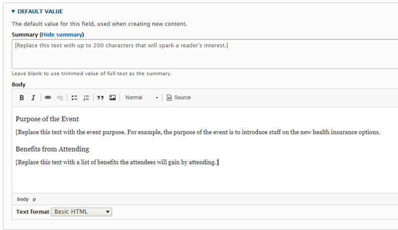 Body field default content configuration interface