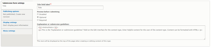 Submission field settings for the content type