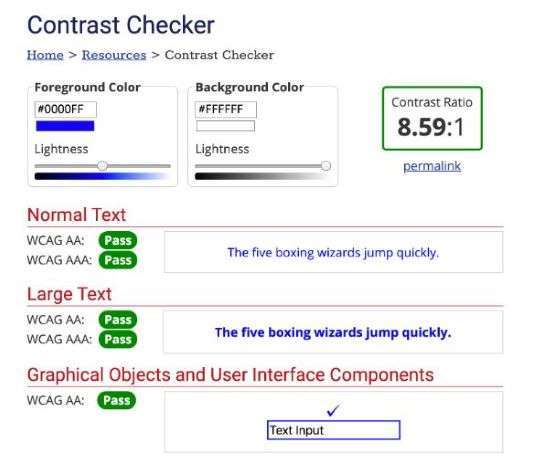 Sample output from a color contrast checker tool