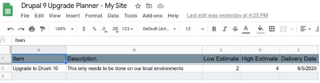 Drupal 9 Upgrade Planner spreadsheet