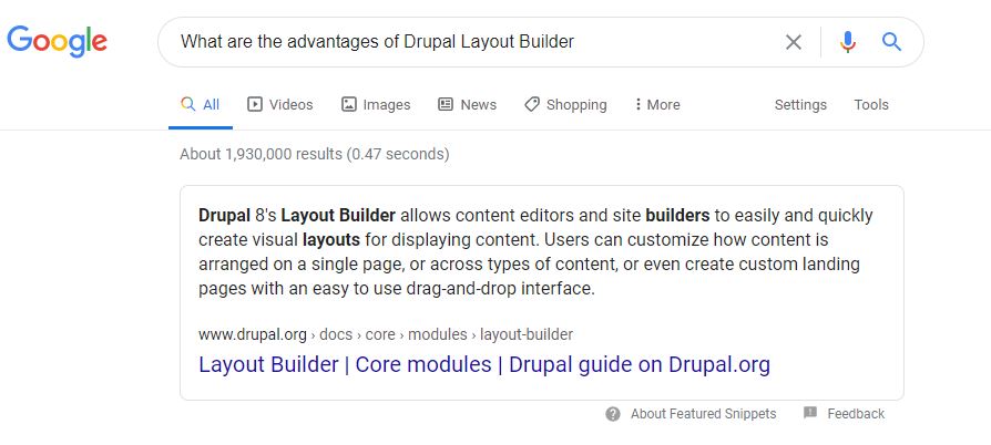 Featured snipped on a SERP page