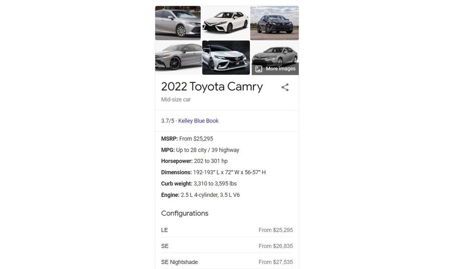 Screen shot of a search result for Toyota Camry