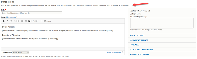 Content add form with submission guidelines sample text.