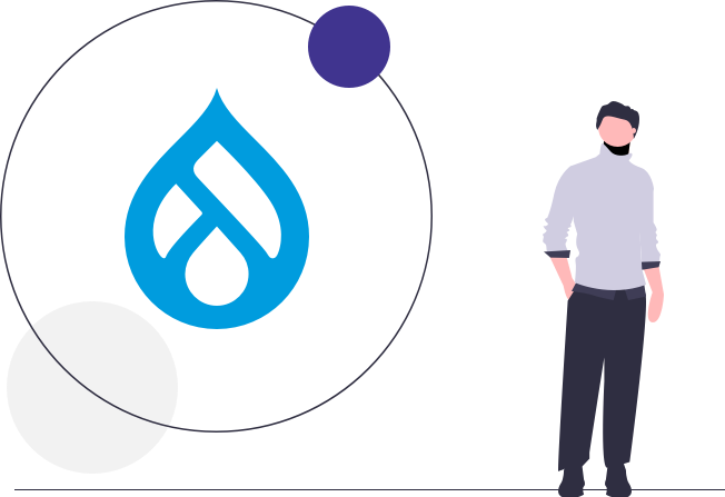 Human standing next to a drupal illustration
