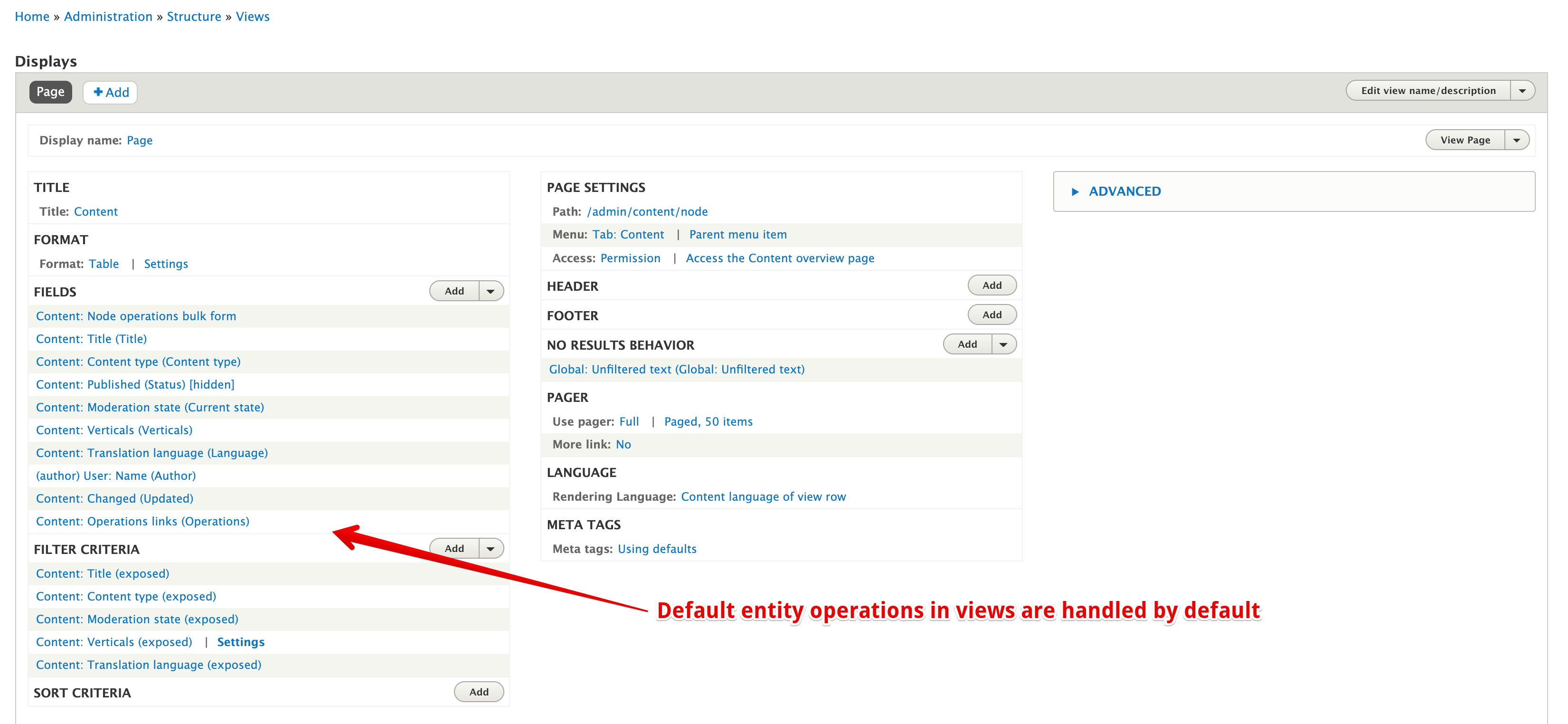 default entity operations in views