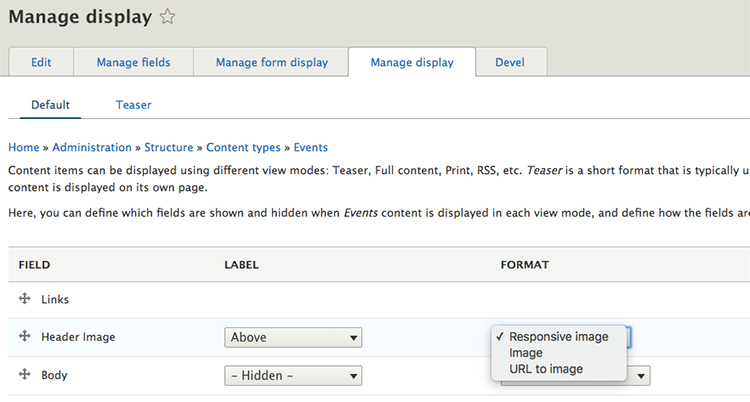 Responsive image setup in a content type image field