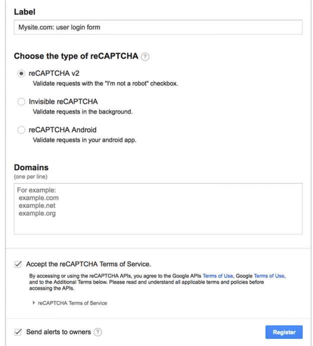 A screenshot of the form where the site has to be registered for reCAPTCHA