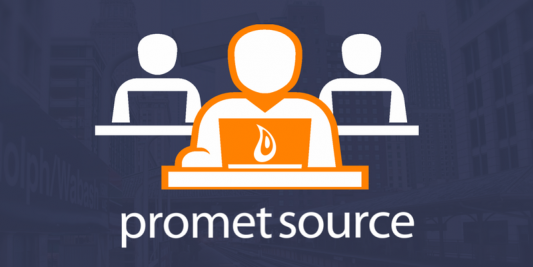 3 icons of people on laptops, one in the front with orange outline with promet logo 