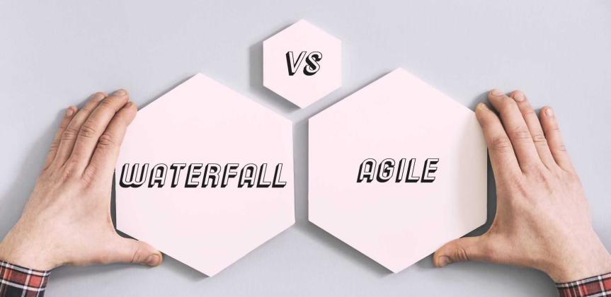 3 hexagons with the words Waterfall vs. Agile