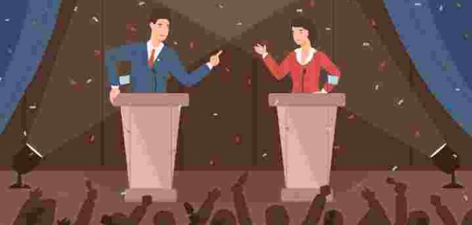 Cartoon image of a man and a woman on a debate stage that's intended to appear as the presidential debate state.