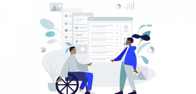 Illustration of man sitting in wheel chair and woman standing against background projecting a checklist diagram.