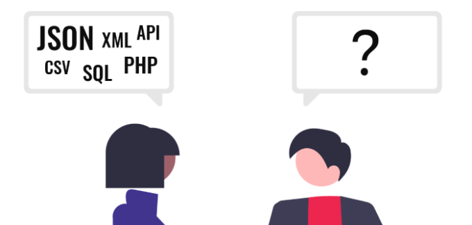 Speech bubble with JSON, PHP, XML, API, CSV, and SQL