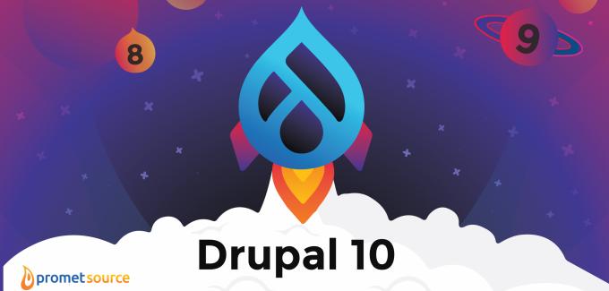 Drupal 10 in the sky surrounded by Drupal 8 and Drupal 9 logos