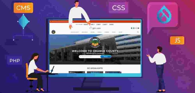 Orange County Calif home page surrounded by coding