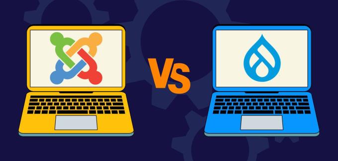 Drupal vs Joomla logos on laptops
