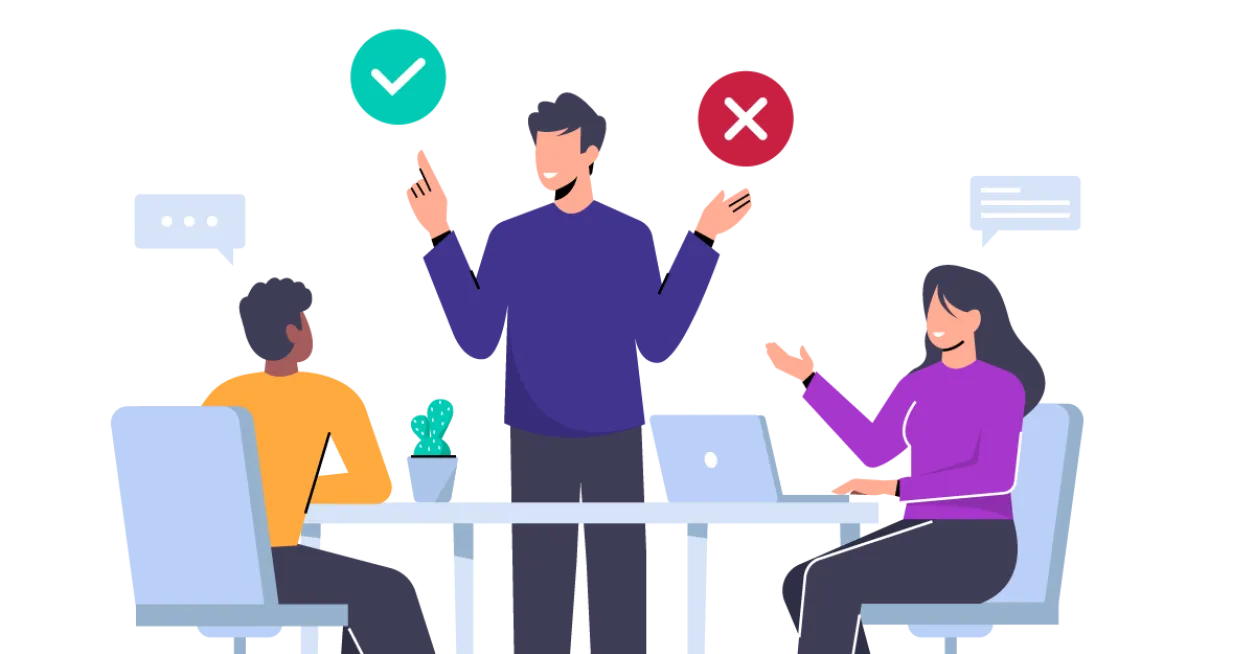 Cartoonish figure with a checkmark and an X