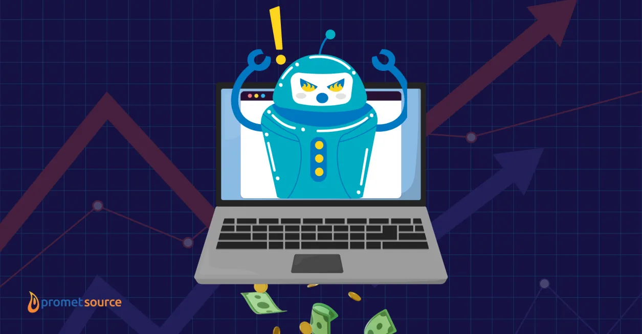 Angry bot emerging from a laptop screen with money falling out, representing bot traffic draining budget; background includes rising data lines and the Promet Source logo.