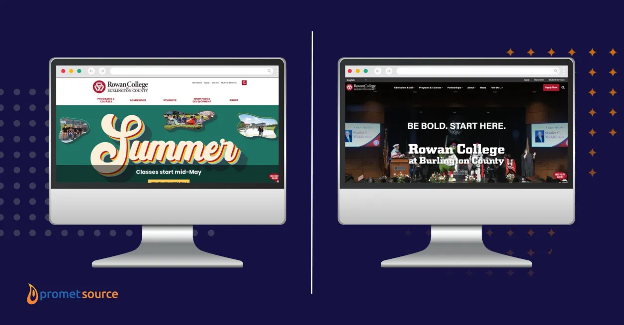 Two computer screens display the before and after version of RCBC website.