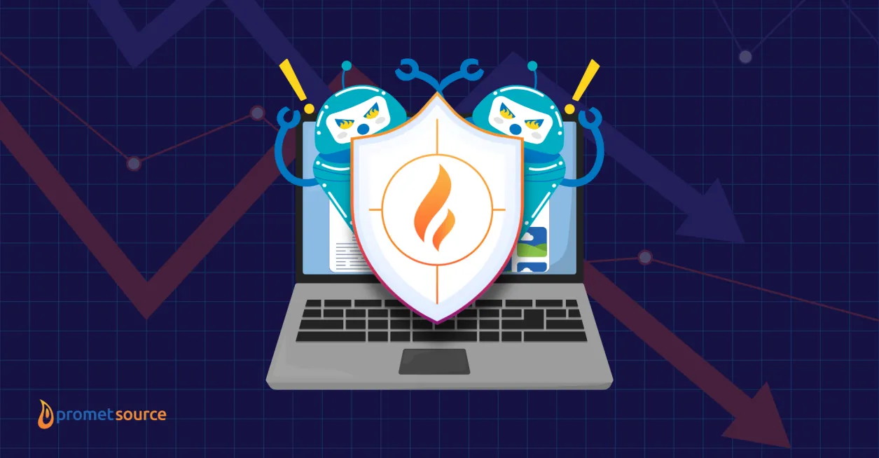 Laptop with a shield and blue robot arms, on a graph background.