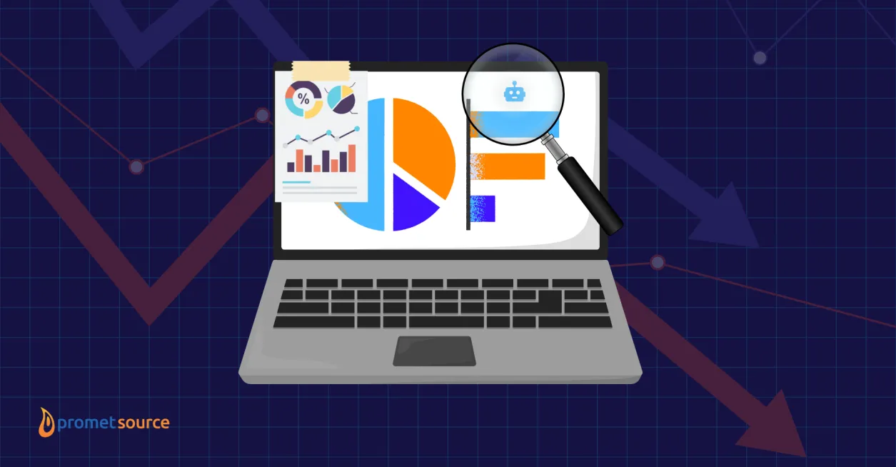 Laptop displaying graphs with a magnifying glass highlighting bot traffic