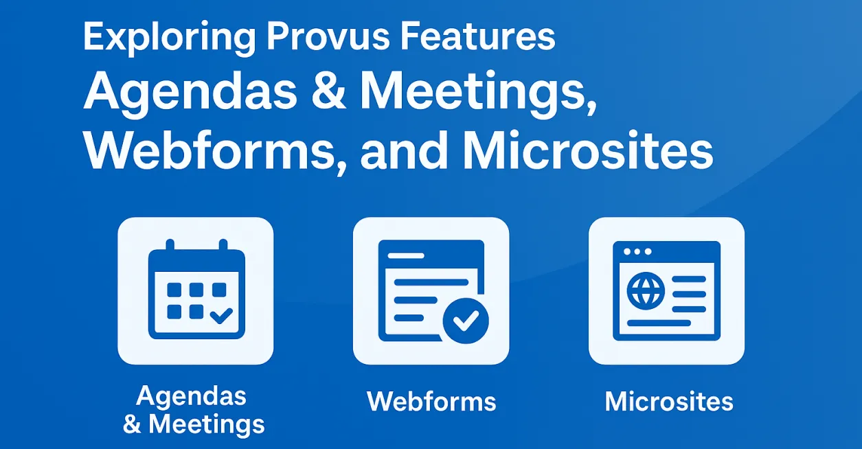text that says exploring provus features agenda and meetings webform and microsites and then a calendar checkbox and site icons
