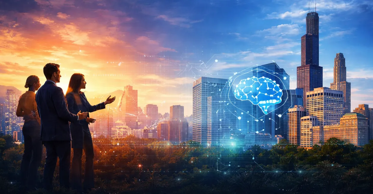 Silhouettes of people discussing tech in a cityscape at sunset, with digital brain overlay.