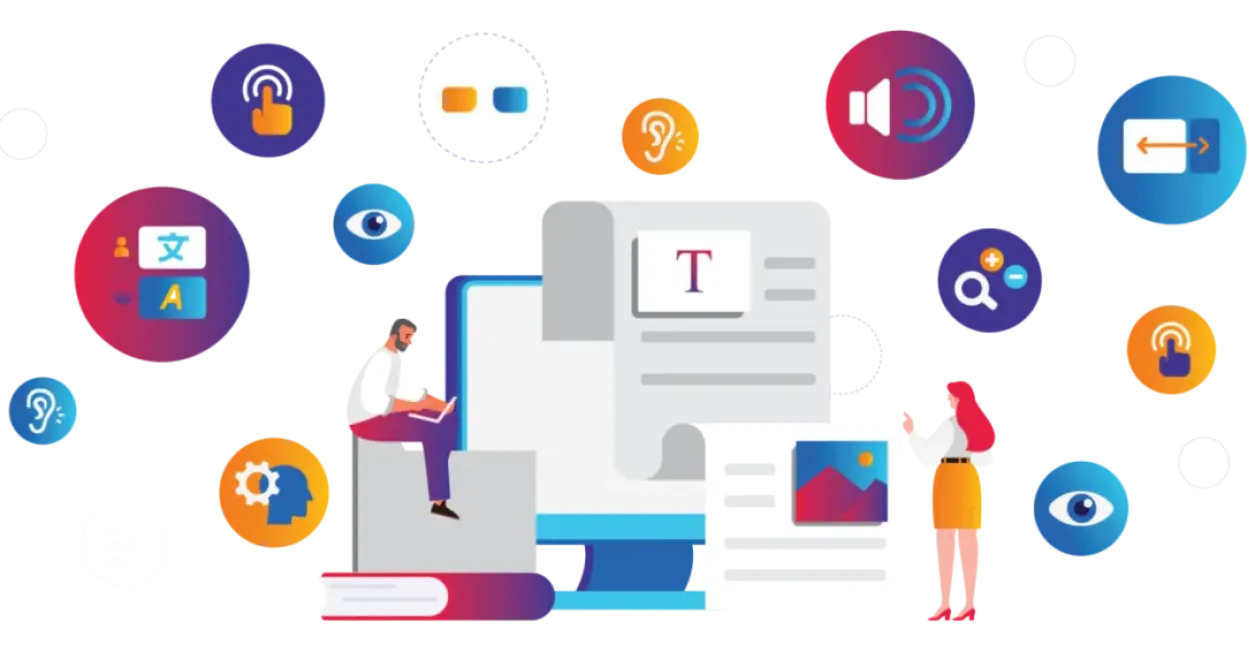 Digital graphic with diverse accessibility icons and two people interacting with a large screen.