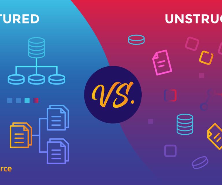 Structured vs unstructured data on a blue and pink background