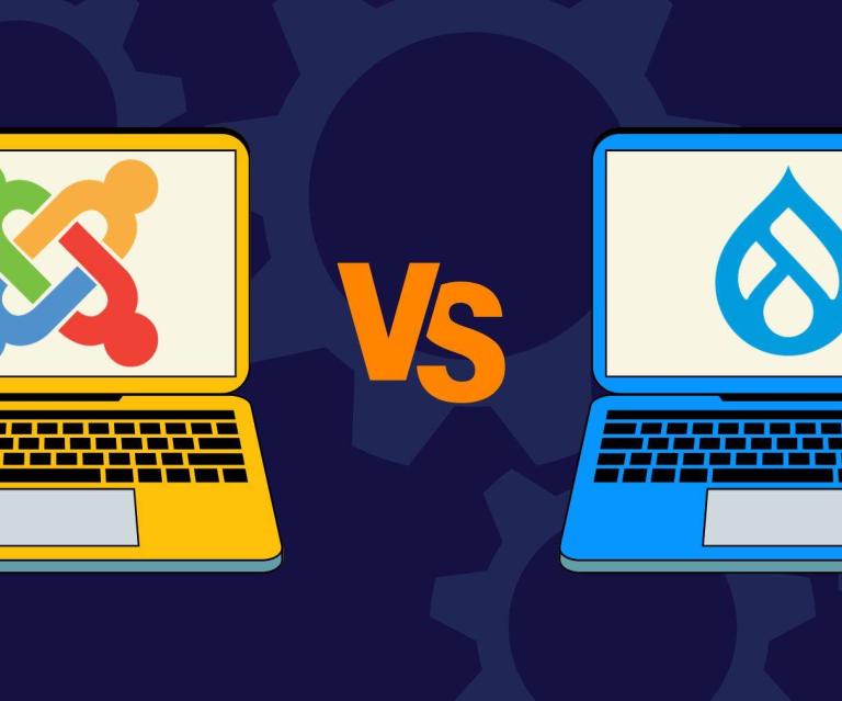 Drupal vs Joomla logos on laptops