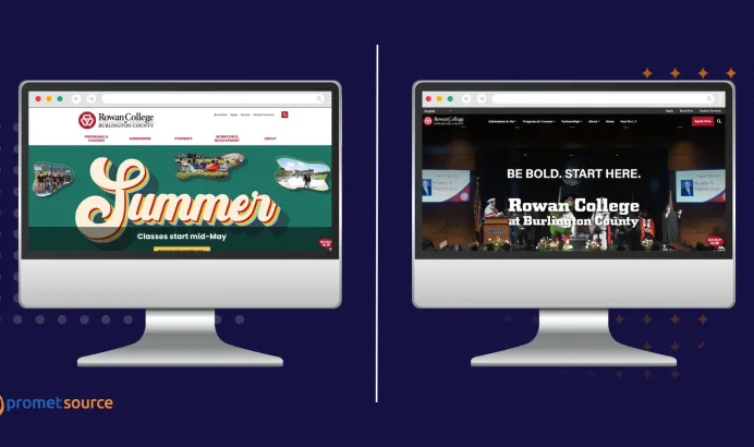 Two computer screens display the before and after version of RCBC website.