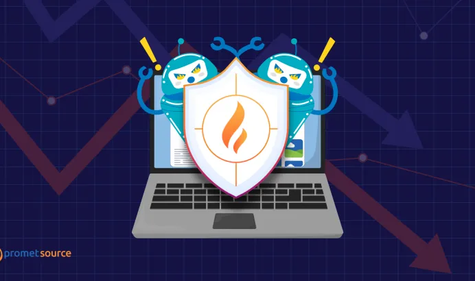 Laptop with a shield and blue robot arms, on a graph background.