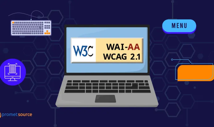 Laptop displaying WCAG 2.1 standards with tech icons around it.