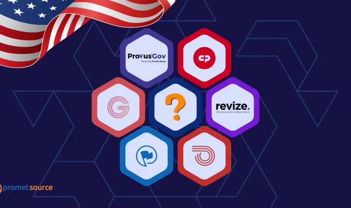 Provus®Gov, CivicPlus, Granicus, Revize, ProudCity, Streamline logos on a dark blue background, U.S. flag draped above.