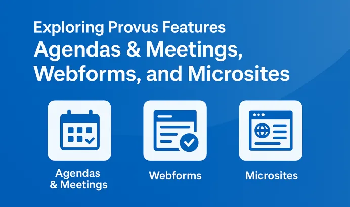 text that says exploring provus features agenda and meetings webform and microsites and then a calendar checkbox and site icons