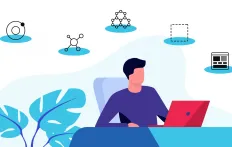 icons circling a man at a computer