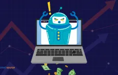 Angry bot emerging from a laptop screen with money falling out, representing bot traffic draining budget; background includes rising data lines and the Promet Source logo.
