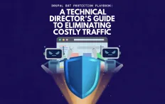 Book cover showing a blue shield protecting a web browser from angry robots, with the title 'Drupal Bot Protection Playbook: A Technical Director’s Guide to Eliminating Costly Traffic'.