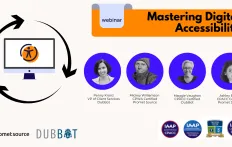 Webinar banner titled 'Mastering Digital Accessibility' featuring speakers from Promet Source and DubBot, with logos and certification badges.
