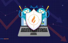 Laptop with a shield and blue robot arms, on a graph background.