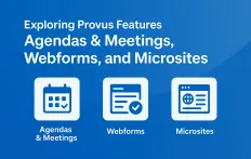 text that says exploring provus features agenda and meetings webform and microsites and then a calendar checkbox and site icons