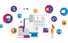 Digital graphic with diverse accessibility icons and two people interacting with a large screen.