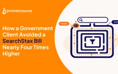 Orange and white graphic with text about reducing SearchStax bills.