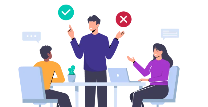 Cartoonish figure with a checkmark and an X