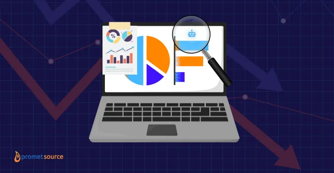 Laptop displaying graphs with a magnifying glass highlighting bot traffic