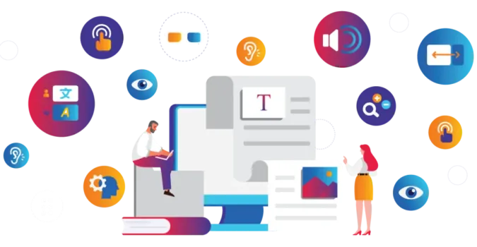 Digital graphic with diverse accessibility icons and two people interacting with a large screen.
