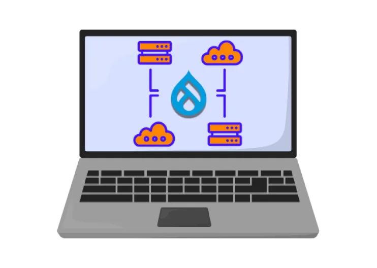 Laptop graphic with cloud and server icons and Drupal logo