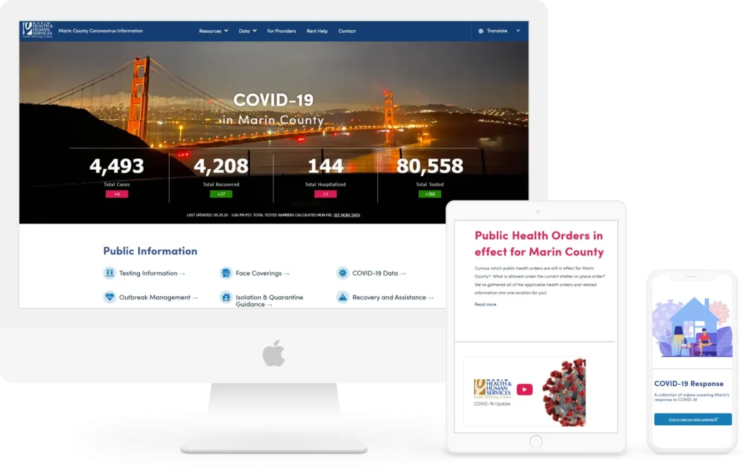 Computer, tablet, and smartphone display COVID-19 statistics and information.